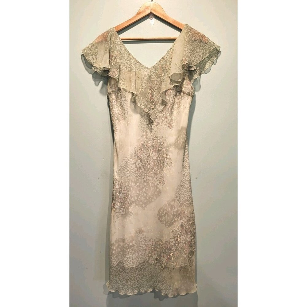 Vtg Light Green Floral Chiffon Flutter Sleeve Midi Dress Sz 8 Garden Fairy Y2K